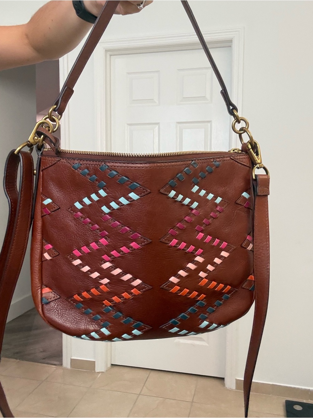 Fossil Brown Woven Leather Crossbody - Multi-Color Chevron + Key Charm - Picture 3 of 10